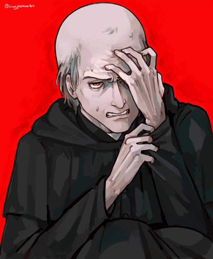 1boy balding black_robe brown_eyes claude_frollo clenched_teeth clothes_grab commentary covering_one_eye grey_hair highres kingjoshua long_sleeves looking_at_viewer red_background robe simple_background sleeve_grab solo sweat teeth the_hunchback_of_notre_dame twitter_username upper_body