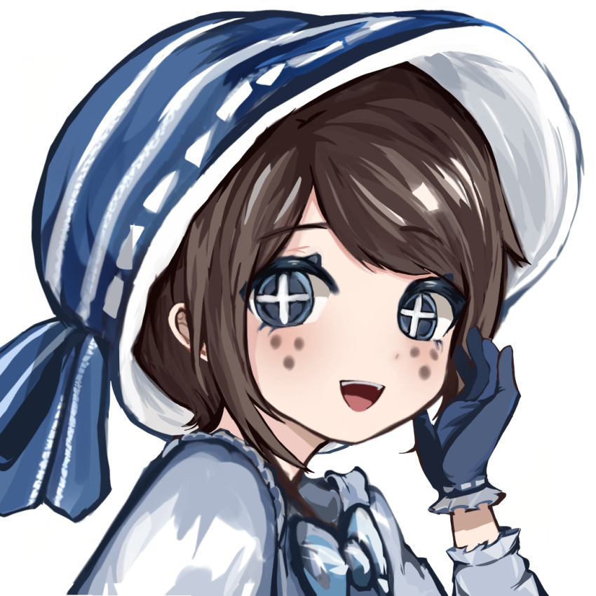 +_+ 1girl :d airange blue_eyes blue_gloves blue_hat bonnet bow bowtie brown_hair chinese_commentary emma_woods emma_woods_(boudoir_dream) facial_mark frilled_gloves frills from_side gloves grey_bow grey_bowtie hand_up happy hat identity_v long_sleeves looking_to_the_side marking_on_cheek open_hand open_mouth portrait ribbon-trimmed_headwear ribbon_trim short_hair sidelocks simple_background smile solo swept_bangs teeth turning_head upper_teeth_only white_background