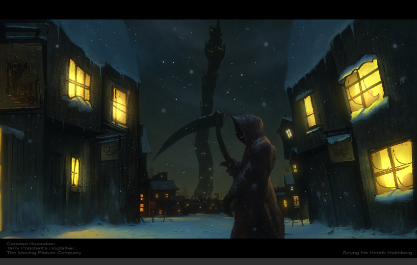 castle death_(discworld) death_(entity) discworld discworld-hogfather fantasy hogfather_(book) light night no_humans outdoors scenery seung_ho_henrik_holmberg sky snow village window winter