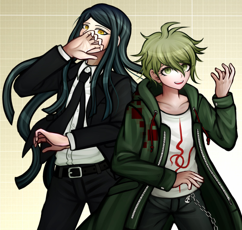 2boys amami_rantaro antenna_hair belt black_belt black_hair black_neckwear black_pants brown_background chain coat collared_shirt commentary contrapposto cosplay danganronpa_(series) danganronpa_v3:_killing_harmony dress_shirt gradient_background green_coat green_eyes green_hair hand_up hood hooded_coat kamukura_izuru kamukura_izuru_(cosplay) komaeda_nagito komaeda_nagito_(cosplay) ktokei_(kurokku-tokei) long_hair long_sleeves male_focus multiple_boys necktie official_style open_clothes open_coat open_mouth pants print_shirt shinguji_korekiyo shirt short_hair skull smile standing teeth upper_teeth_only white_shirt yellow_eyes