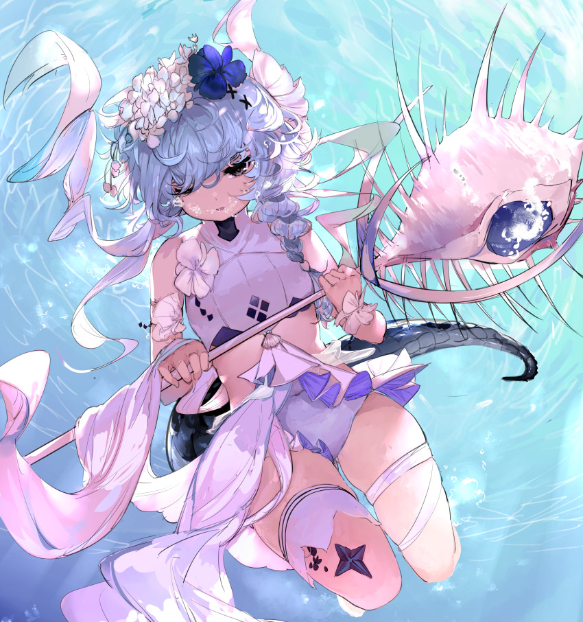 024th 1girl absurdres arknights blue_flower bubble commentary crocodilian_tail flower grey_eyes hair_flower hair_ornament head_wreath highres holding holding_staff long_hair looking_at_viewer official_alternate_costume one-piece_swimsuit one_eye_closed solo staff swimsuit tail thigh_strap tomimi_(arknights) tomimi_(silent_night)_(arknights) underwater waist_cutout white_flower white_hair white_one-piece_swimsuit