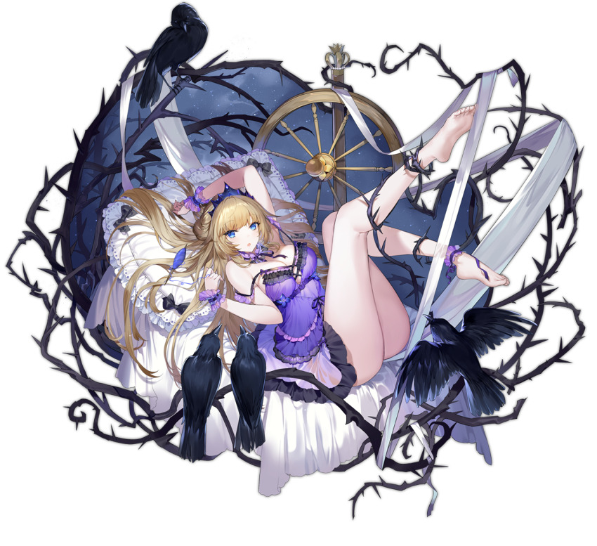 1girl ankle_cuffs ark_order babydoll bare_legs bare_shoulders barefoot bed_sheet bird black_bow blonde_hair blue_eyes bow breasts crow crown crystal flower frilled_thigh_strap full_body hair_bow hatoyama_itsuru large_breasts looking_at_viewer lying official_art on_back open_mouth pillow purple_babydoll rose sleeping_beauty_(ark_order) sleeping_beauty_(disney) sleeping_beauty_(fairy_tale) sleeping_beauty_(fairy_tale_character) solo spindle spinning_wheel tachi-e thigh_strap thorns transparent_background white_flower white_rose wrist_cuffs
