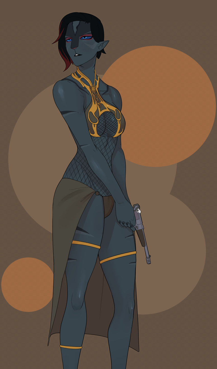 absurdres alien black_hair blue_eyes breasts cat_girl cathar_(star_wars) chain cleavage collar dark-skinned_female dark_skin fishnets green_panties gun highres holding holding_gun holding_weapon huttslayer_leia ishton jewelry metal_bikini panties pointy_ears princess_leia shiny_skin short_hair simple_background slave star_wars star_wars:_the_old_republic teeth tiger_stripes underboob underwear upper_teeth_only weapon
