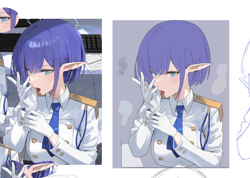 1girl adjusting_clothes adjusting_gloves aoi_(blue_archive) art_study black_jacket blue_archive blue_eyes blue_hair blue_halo blue_necktie blush border commentary double_bun ear_piercing english_commentary gloves grey_background hair_behind_ear hair_between_eyes hair_bun halo hands_up highres indoors jacket long_sleeves looking_at_viewer mole mole_under_eye multiple_views necktie open_mouth piercing pointy_ears short_hair sidelocks simple_background teeth tongue tongue_out upper_body upper_teeth_only v-shaped_eyebrows westgon white_border white_gloves
