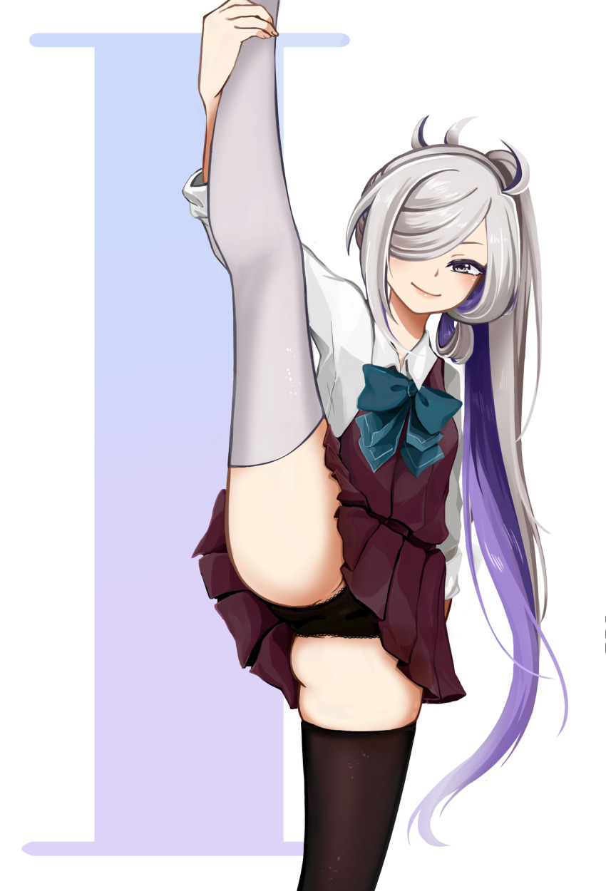1girl ahoge asashimo_(kancolle) asashimo_kai_ni_(kancolle) asymmetrical_legwear black_panties black_thighhighs cowboy_shot grey_eyes grey_thighhighs hair_over_one_eye halterneck highres kantai_collection long_hair looking_at_viewer mismatched_legwear panties pantyshot ponytail school_uniform silver_hair skirt sleeves_rolled_up smile solo split standing standing_on_one_leg standing_split thighhighs underwear yukai_(xiaoyu13298276)