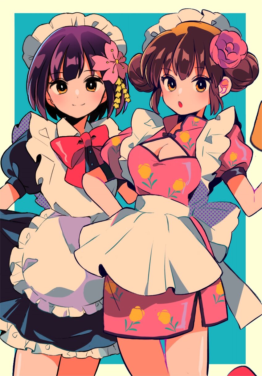 2girls alternate_costume apron axis_powers_hetalia back_bow black_dress black_hair blue_background border bow bowtie breasts brown_hair buttons china_(female)_(hetalia) china_(hetalia) cleavage cleavage_cutout closed_mouth clothing_cutout commentary_request cowboy_shot double_bun dress enmaided floral_print flower frills genderswap genderswap_(mtf) hair_between_eyes hair_bun hair_flower hair_ornament hand_on_own_hip hand_up highres japan_(female)_(hetalia) japan_(hetalia) looking_at_viewer maid maid_headdress mandarin_collar medium_breasts multiple_girls open_mouth outside_border pink_bow pink_bowtie pink_dress pink_flower puffy_short_sleeves puffy_sleeves sanamaru_(sana79261827) short_hair short_sleeves sidelocks simple_background smile split_mouth standing white_apron white_border white_bow yellow_eyes