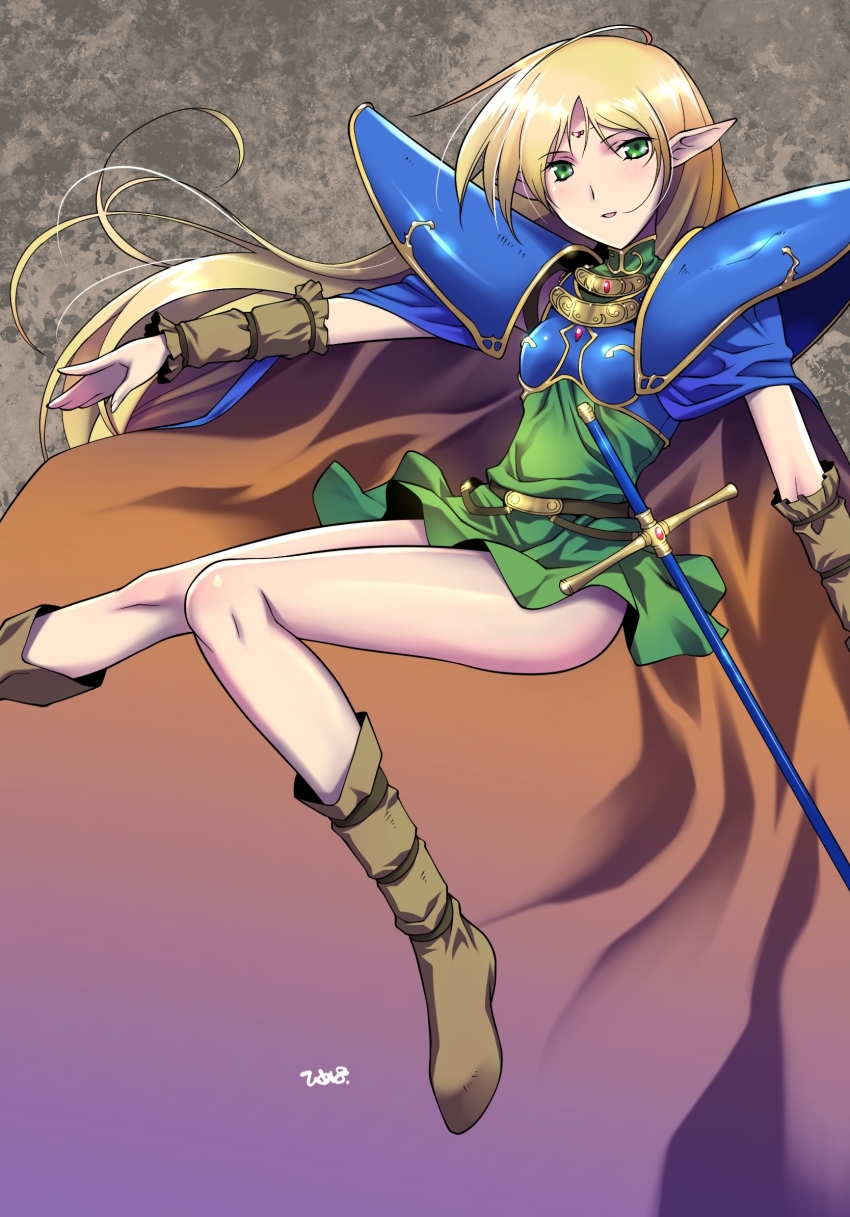 1girl armor blue_armor blue_cape boobplate boots breastplate brown_boots brown_cape cape circlet deedlit dress elf green_dress green_eyes highres himehachi_(hime8manga) long_hair open_mouth pauldrons pointy_ears record_of_lodoss_war short_dress shoulder_armor smile solo two-sided_cape two-sided_fabric two-tone_cape