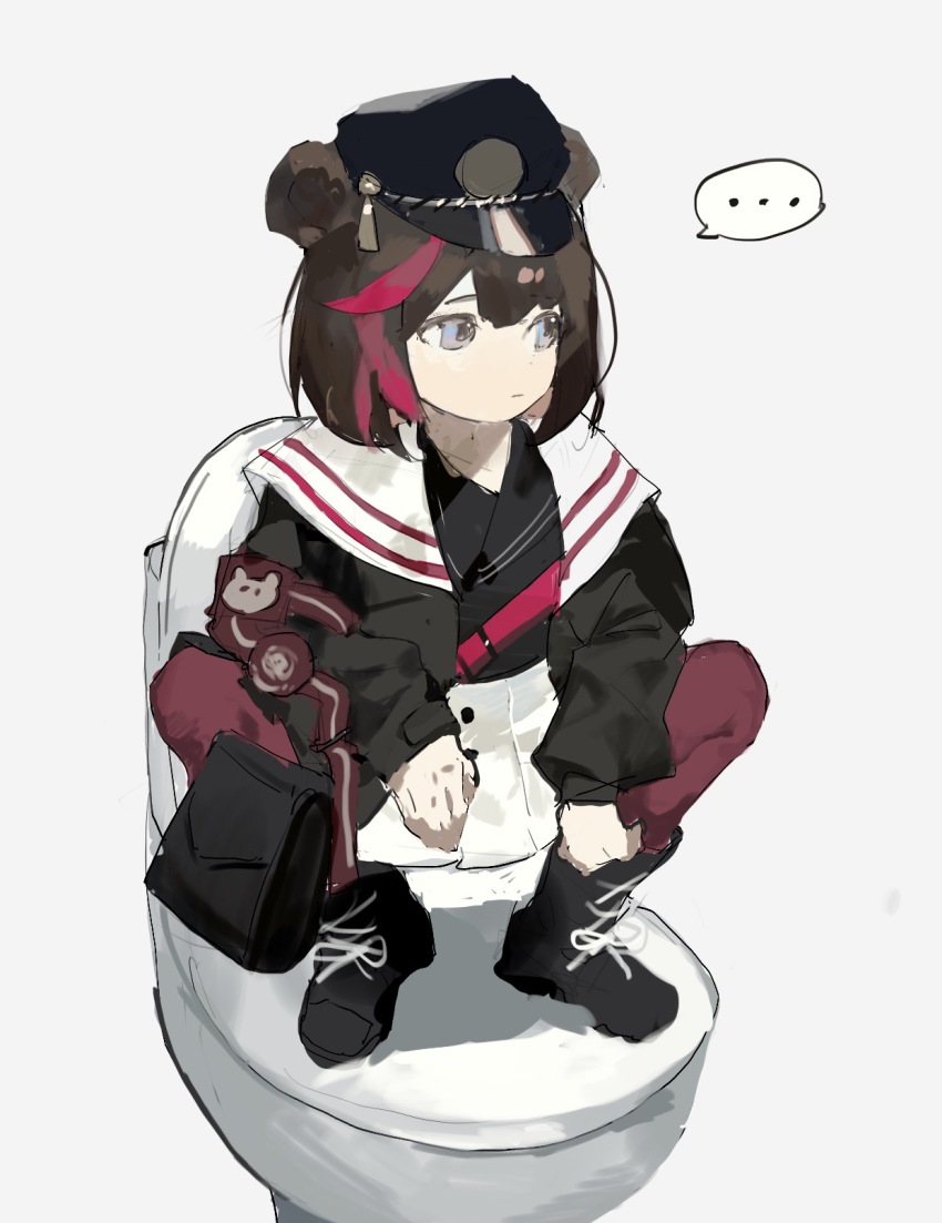 ... 1girl arknights black_hat black_jacket black_shoes black_skirt blue_eyes brown_hair closed_mouth expressionless grey_background hat highres jacket long_sleeves medium_hair multicolored_hair on_toilet open_clothes open_jacket pantyhose pleated_skirt red_hair red_pantyhose sailor_collar sailor_shirt shirt shoes simple_background skirt solo speech_bubble spoken_ellipsis squatting streaked_hair toilet vihua6 white_skirt zima_(arknights)