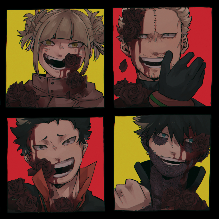 1girl 3boys black_bodysuit black_border black_gloves black_hair bleeding blonde_hair blood blood_on_clothes blood_on_face blue_eyes blunt_bangs blush bodysuit boku_no_hero_academia border bubaigawara_jin burn_scar cheek_piercing clenched_hand coat dabi_(boku_no_hero_academia) double_bun ear_piercing face_piercing facial_hair flower gloves hair_bun highres jacket looking_at_viewer mask messy_hair mr._compress multiple_boys multiple_scars open_mouth piercing portrait red_background red_flower red_rose rose s0_mokomoko scar scar_on_face scar_on_forehead short_hair simple_background smile spiked_hair staple stapled stitches teeth toga_himiko unworn_mask yellow_background yellow_eyes
