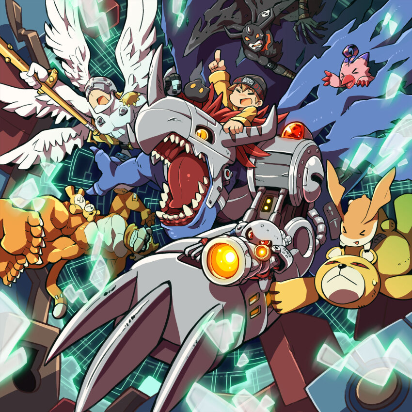 &gt;_&lt; 4boys aiming angel_wings angemon arm_belt arm_cannon arm_up beanie belt black_belt black_bodysuit black_headwear black_wings blonde_hair blue_wings bodysuit botamon brown_hair character_doll claws closed_eyes clothes_writing colored_sclera commentary commentary_request covered_eyes cyborg devimon digimon digimon_(creature) digimon_world doll english_commentary etemon feathered_wings grin gunjima_souichirou hat hat_writing helmet helmet_over_eyes highres holding holding_staff holding_weapon hood hoodie horns index_finger_raised long_hair long_sleeves looking_to_the_side male_focus mameo_(digimon) mechanical_arms metalgreymon_(virus) metalmamemon mixed-language_commentary monzaemon multiple_boys open_mouth patamon piyomon red_eyes red_hair red_sclera riding sharp_teeth short_hair single_mechanical_arm smile staff stuffed_animal stuffed_toy sunglasses teddy_bear teeth torn_wings weapon white_wings wings yellow_eyes yellow_hoodie