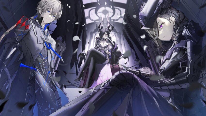 1boy 2girls alternate_hair_color black_hair black_shoes black_thighhighs blue_eyes blurry braid breasts closed_mouth colored_skin commentary_request depth_of_field duet_night_abyss frown hair_between_eyes long_hair lynn_(duet_night_abyss) multiple_girls purple_eyes randy_(duet_night_abyss) shoes short_hair sibylle_(duet_night_abyss) sitting smile thighhighs wata_(attaka_towel) white_hair white_skin