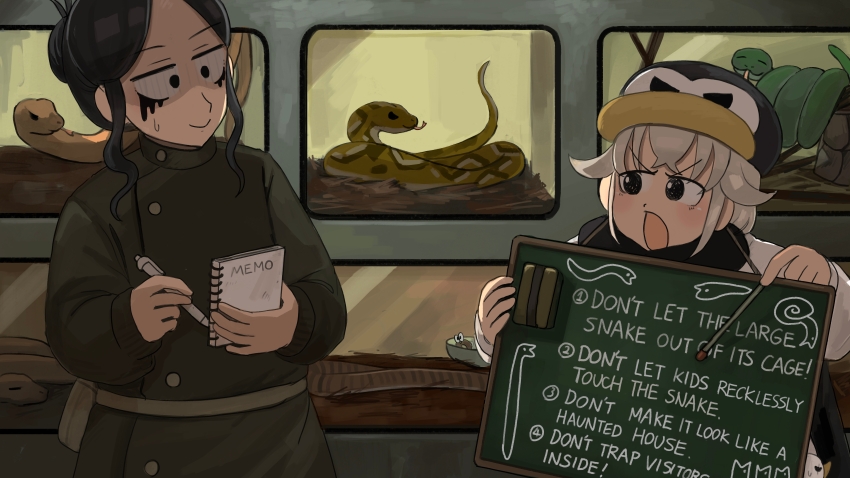 2girls :o absurdres bird black_hair black_scarf bowl coat commentary constricted_pupils diva_(hyxpk) donut_stamp duck english_commentary english_text green_coat grey_hair hair_bun hat highres holding holding_board holding_notepad holding_pen holding_pointer makeup multiple_girls notepad pen penguin_hat penguin_keeper_(diva) pointer runny_makeup scarf shirt slice_of_life snake snake_keeper_(diva) sweatdrop white_shirt zoo zookeeper zookeepers_(diva)