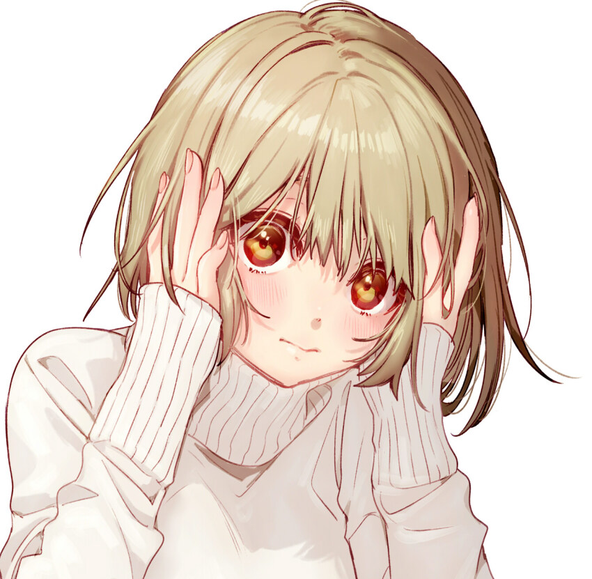 1girl 3: blush brown_eyes brown_hair hand_in_own_hair highres kawai_makoto original portrait simple_background solo sweater turtleneck turtleneck_sweater white_background white_sweater