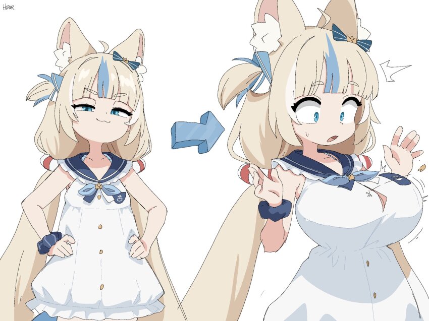 1girl :3 ahoge animal_ear_fluff animal_ears armpits arrow_(symbol) artist_name blonde_hair blue_bow blue_eyes blue_hair blue_neckerchief blue_sailor_collar blue_scrunchie blunt_bangs bow bra_strap breast_expansion breasts cat_ears cleavage closed_mouth collarbone commentary cowboy_shot dot_nose dress english_commentary fins fish_tail flat_chest frilled_sailor_collar frills fruithead hair_bow hands_on_own_hips hands_up highres indie_virtual_youtuber innertube_hair_ornament large_breasts long_hair looking_at_viewer low_twintails multicolored_hair neckerchief open_mouth paper_boat sailor_collar sameko_saba scrunchie sidelocks simple_background sleeveless sleeveless_dress smug solo standing straight_hair streaked_hair surprised sweatdrop tail twintails two-tone_hair v-shaped_eyebrows very_long_hair w_arms wardrobe_malfunction white_background white_dress wrist_scrunchie