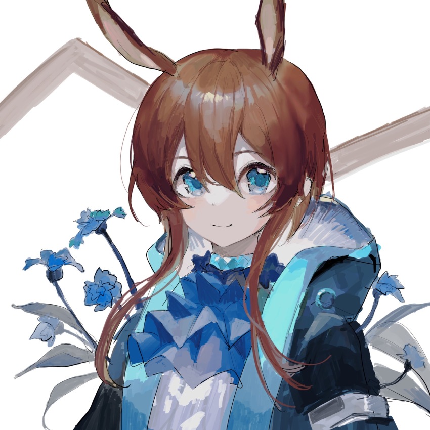 1girl amiya_(arknights) animal_ears arknights ascot black_jacket blue_ascot blue_eyes blue_flower blue_trim brown_hair chinese_commentary closed_mouth commentary_request flower hair_between_eyes highres jacket open_clothes open_jacket rabbit_ears rabbit_girl shirt short_hair_with_long_locks smile solo vihua6 white_shirt