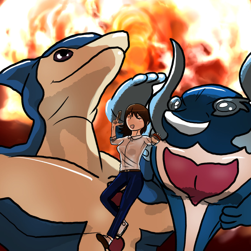 1girl 2boys :d breasts brown_hair card crossover duel_monster explosion highres holding holding_poke_ball igarashi_akira looking_at_viewer medium_breasts monster_boy multiple_boys neo-spacian_aqua_dolphin nintendo one_eye_closed open_mouth palafin palafin_(hero) pectorals playing_card poke_ball pokemon pokemon_(creature) smile superhero_costume trait_connection translation_request wink yu-gi-oh!