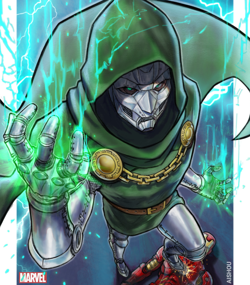 2boys absurdres ai_shou armor cape doctor_doom energy green_cape green_eyes green_tunic grey_armor helmet highres hood hood_up hooded_cape iron_man magic male_focus marvel multiple_boys power_armor red_armor tunic yellow_armor