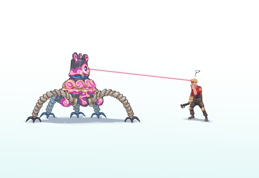 1boy adjustable_wrench crossover engineer_(tf2) francisco_mon gloves guardian_(zelda) helmet highres knee_pads laser laser_pointer_projection laser_sight male_focus nintendo overalls red_engineer_(tf2) single_glove solo sunglasses team_fortress_2 the_legend_of_zelda the_legend_of_zelda:_breath_of_the_wild thinking wrench