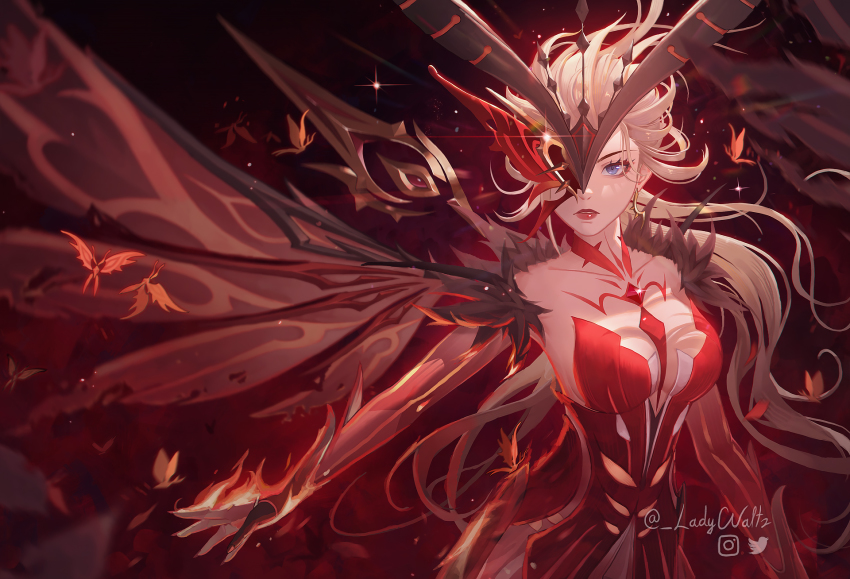 1girl bare_shoulders blonde_hair blue_eyes breasts cleavage dress earrings eye_mask fire floating_earrings genshin_impact half_mask highres jewelry ladywaltz large_breasts long_hair mask mask_over_one_eye one_eye_covered outstretched_arm red_dress signora_(crimson_witch_of_embers)_(genshin_impact) signora_(genshin_impact)