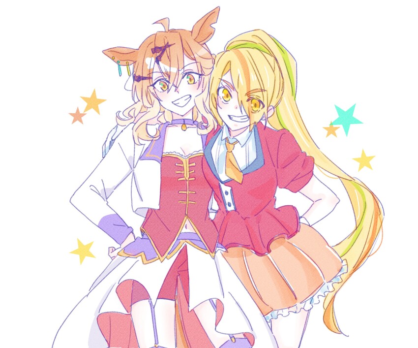 2girls ahoge animal_ears blonde_hair breasts brown_hair cleavage collarbone collared_shirt cropped_jacket crossover eyes_visible_through_hair frilled_skirt frills garter_straps gloves green_hair grin hair_between_eyes hair_ornament hair_over_one_eye hairclip hand_on_own_hip highres horse_ears jacket jungle_pocket_(umamusume) long_hair looking_at_viewer multicolored_hair multiple_girls navel nikaidou_saki open_clothes open_jacket orange_eyes orange_hair orange_skirt pleated_skirt purple_thighhighs red_jacket red_shorts seila_rei shirt shorts simple_background skirt small_breasts smile star_(symbol) starting_future_(umamusume) streaked_hair thick_eyebrows thighhighs umamusume very_long_hair white_background white_gloves white_jacket white_shirt yellow_eyes zombie_land_saga
