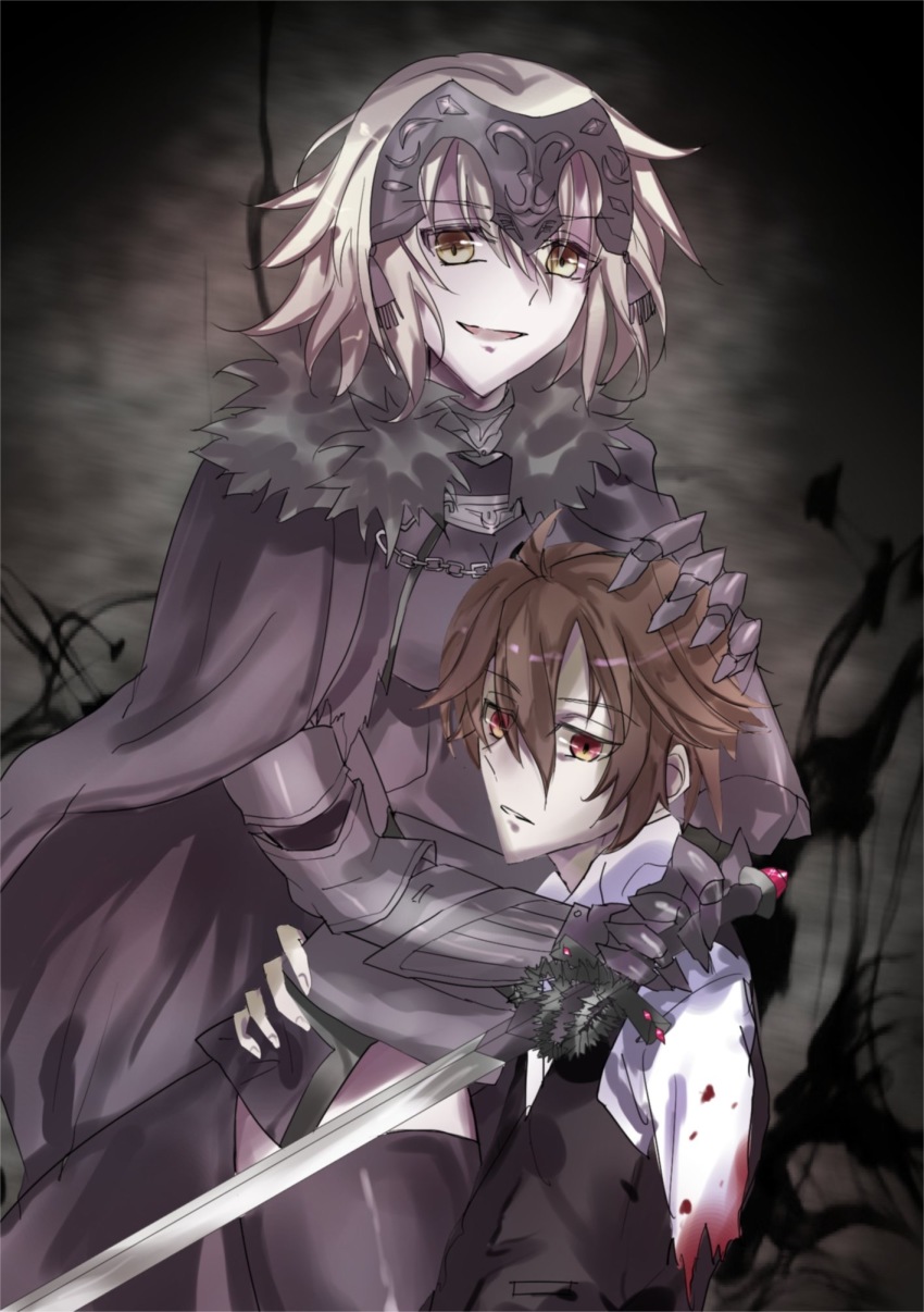 1boy 1girl ahoge armor bad_id bad_pixiv_id black_cape black_thighhighs blonde_hair breasts brown_hair cape collared_shirt cowboy_shot dress fate/apocrypha fate/grand_order fate_(series) fur_collar fur_trim gauntlets hair_between_eyes headpiece highres holding holding_weapon jeanne_d&#039;arc_(fate) jeanne_d&#039;arc_(ruler)_(fate) jeanne_d&#039;arc_alter_(avenger)_(fate) jeanne_d&#039;arc_alter_(fate) li long_sleeves looking_away parted_lips red_eyes shirt short_hair side_slit sieg_(fate) sleeves_past_wrists smile sword thighhighs vambraces weapon white_shirt