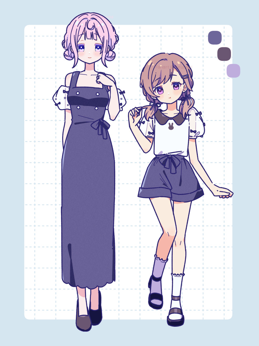 2girls absurdres black_sandals blue_border blue_dress blue_shorts blush border breasts brown_hair brown_shoes closed_mouth collarbone collared_shirt color_guide commentary_request contrast_collar detached_sleeves double_bun dress full_body grid_background hair_bun hair_ornament hairclip hand_up highres looking_at_viewer low_twintails magia_record:_mahou_shoujo_madoka_magica_gaiden mahou_shoujo_madoka_magica mai_akari medium_breasts medium_hair multiple_girls outside_border pink_eyes pink_hair puffy_detached_sleeves puffy_sleeves purple_eyes ruru_(rurumagi) sandals see-through_clothes see-through_sleeves shirt shoes short_hair short_sleeves shorts sleeveless sleeveless_dress smile socks standing twintails white_background white_shirt white_sleeves white_socks yura_hotaru
