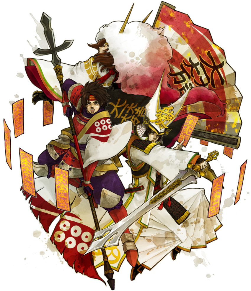 armor charm_(object) coat folding_fan hakama hand_fan headband helmet highres ishida_mitsunari japanese_clothes kimono male_focus naoe_kanetsugu polearm sanada_yukimura_(sengoku_musou) sengoku_musou spear sword weapon