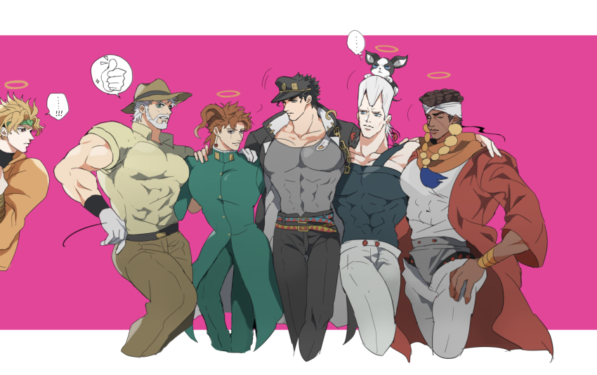 ... 6+boys beard black_coat black_hair black_hat blonde_hair brown_eyes brown_hair chain coat commentary_request covered_abs dark-skinned_male dark_skin dio_brando dog earrings erk_(okra_ecory) facial_hair facial_mark flattop gakuran green_eyes green_headband grey_hair grey_shirt grin halo hat headband iggy_(jojo) jacket jean_pierre_polnareff jewelry jojo_no_kimyou_na_bouken joseph_joestar joseph_joestar_(old) kakyoin_noriaki kuujou_joutarou large_pectorals light_smile male_focus mohammed_avdol multiple_boys muscular muscular_male old old_man one_eye_closed pectorals red_coat scar scar_across_eye scar_on_face school_uniform shirt smile speech_bubble spoken_ellipsis standing standing_on_one_leg stardust_crusaders sweatdrop thought_bubble traditional_halo turtleneck white_headband yellow_jacket