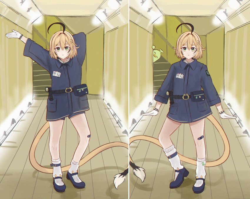 1girl absurdres ahoge anrepoi arms_up bandaid bandaid_on_knee bandaid_on_leg black_hair blonde_hair checkered_gloves dooby_(vtuber) expressionless full_body green_eyes highres huge_ahoge id_card indie_virtual_youtuber indoors kippu_(dooby) looking_at_viewer mouse_girl multicolored_hair multiple_views oddloop streaked_hair tail virtual_youtuber