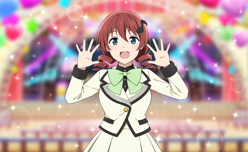 1girl anime_coloring black_shirt blue_eyes blurry blurry_background blush bokeh bow bowtie breasts brown_hair cowboy_shot depth_of_field drill_hair emma_verde fortissimo freckles future_parade_(love_live!) green_bow green_bowtie hair_ornament hands_up highres jacket large_breasts long_sleeves looking_at_viewer love_live! love_live!_nijigasaki_high_school_idol_club love_live!_school_idol_festival_2 medium_hair musical_note musical_note_hair_ornament official_alternate_hairstyle official_art open_hands open_mouth palms shirt skirt smile solo sparkle spread_fingers stage stage_lights standing straight-on teeth twin_drills upper_teeth_only white_jacket white_skirt