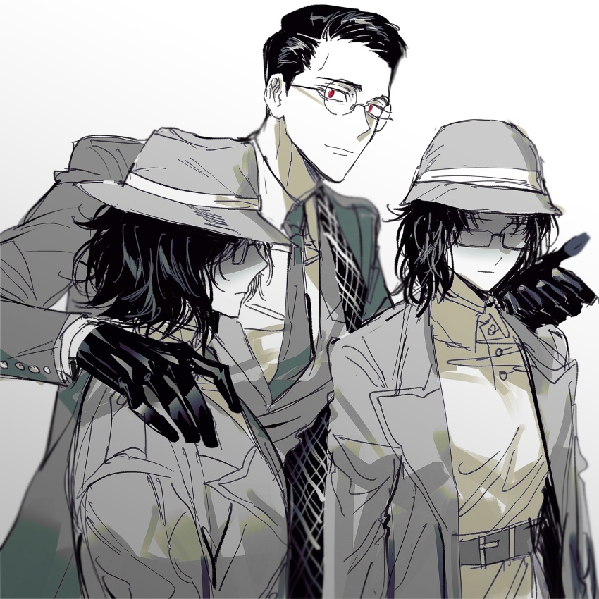 belt character_request closed_mouth coat collared_shirt dress formal_clothes glasses gloves greyscale gubo_(project_moon) head highres leviathan_(project_moon) looking_at_viewer monochrome necktie project_moon red_eyes remsrar shirt simple_background spot_color suit upper_body