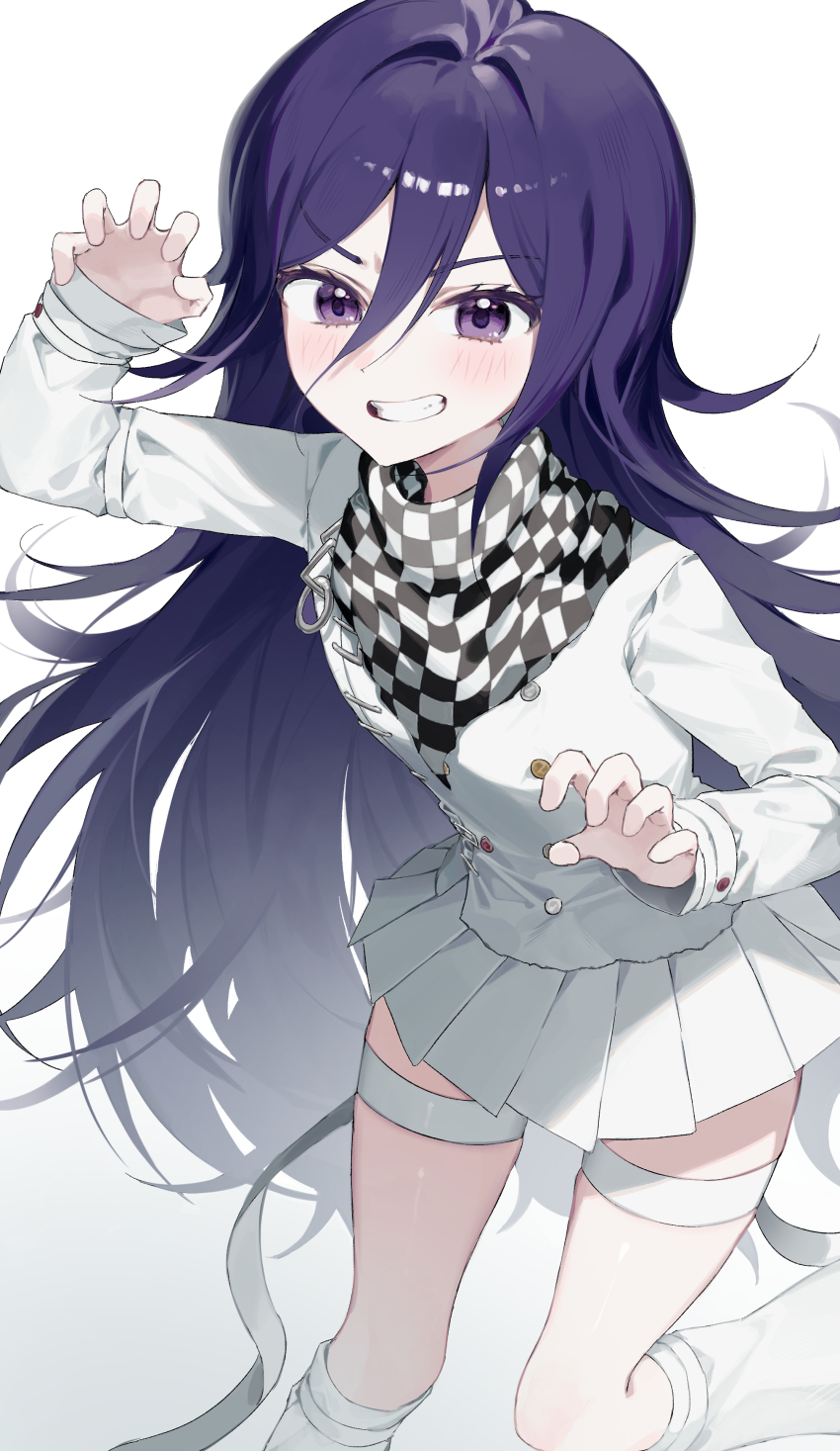 1girl absurdres blush buttons chama_(chacoc0) checkered_neckerchief danganronpa_(series) danganronpa_v3:_killing_harmony double-breasted feet_out_of_frame grin hair_between_eyes hand_up highres jacket long_hair long_sleeves miniskirt neckerchief oma_kokichi pink_eyes pleated_skirt purple_hair skirt smile socks solo teeth white_background white_jacket white_skirt white_socks