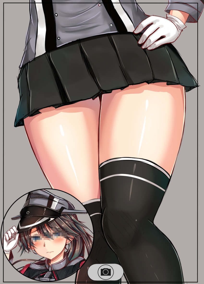 10s 1girl alternate_costume black_skirt black_thighhighs censored close-up cosplay gloves grey_background hand_on_own_hip highres houshou_(kancolle) censored_identity kantai_collection miniskirt mosaic_censoring multiple_views pleated_skirt prinz_eugen_(kancolle) prinz_eugen_(kancolle)_(cosplay) sazamiso_rx simple_background skirt thighhighs thighs viewfinder white_gloves zettai_ryouiki