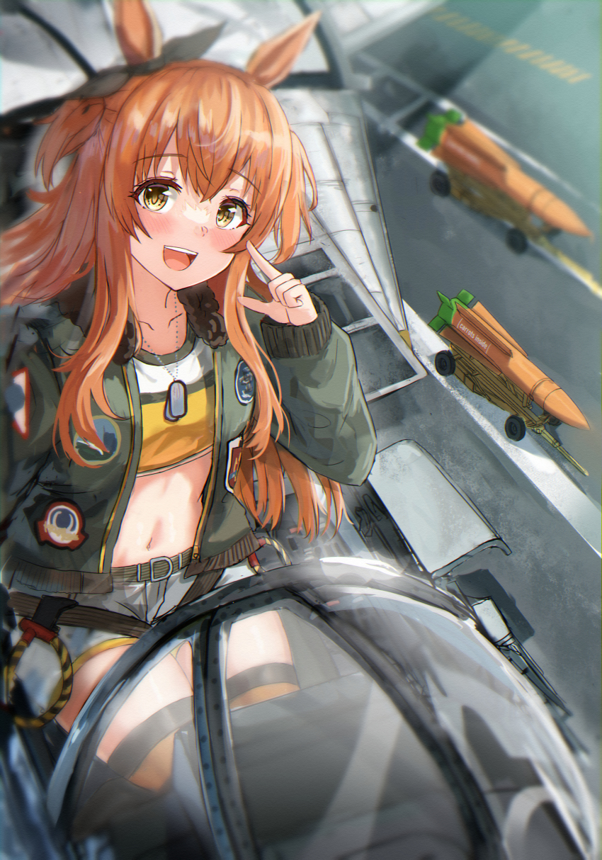 1girl :d absurdres aim-54_phoenix animal_ears collarbone commentary dog_tail f-14_tomcat green_jacket highres horse_ears horse_girl jacket karo-chan long_hair long_sleeves looking_at_viewer mayano_top_gun_(umamusume) midriff military missile navel open_mouth orange_hair orange_thighhighs sitting smile solo striped_clothes striped_thighhighs tail teeth thighhighs thighs umamusume upper_teeth_only