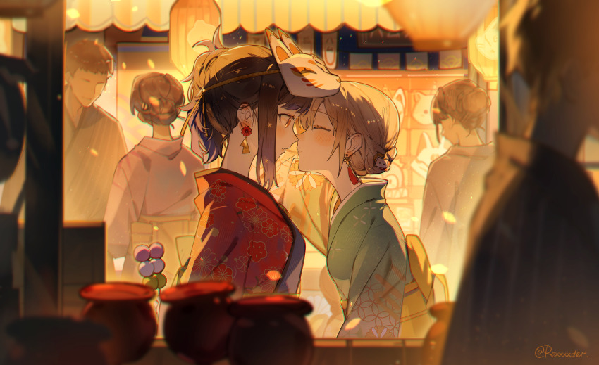 2boys 4girls absurdres alternate_costume alternate_hairstyle azusawa_kohane black_hair blonde_hair blue_hair blush braid candy_apple closed_eyes commentary_request dango earrings faceless faceless_female faceless_male floral_print flower_earrings food fox_mask from_side gradient_hair green_kimono highres imminent_kiss japanese_clothes jewelry jingzhaowhale kimono light_particles looking_at_another mask multicolored_hair multiple_boys multiple_girls obi parted_lips project_sekai red_eyes red_kimono sash shiraishi_an sidelocks wagashi yellow_sash yukata yuri
