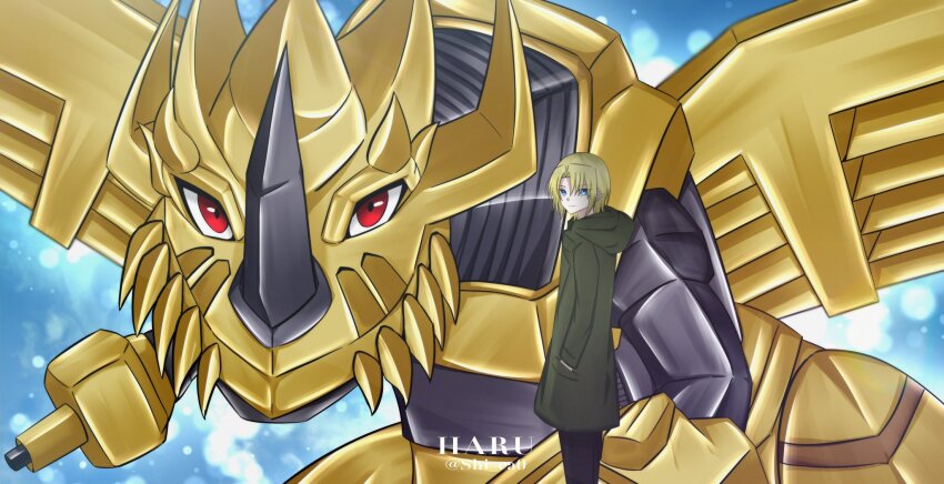 aonuma_kiriha blonde_hair cyborg digimon digimon_(creature) highres horns looking_at_viewer red_eyes tyrannosaurus_rex zekegreymon