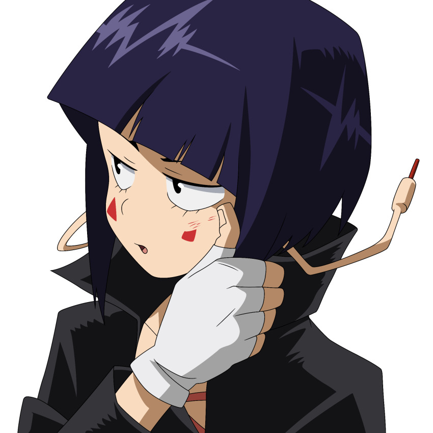 1girl audio_jack black_eyes blunt_bangs blush boku_no_hero_academia earplugs fingerless_gloves gloves hands_on_own_face highres jiro_kyoka long_earlobes open_mouth purple_hair quelcom red_shirt shirt short_hair simple_background solo white_background white_gloves