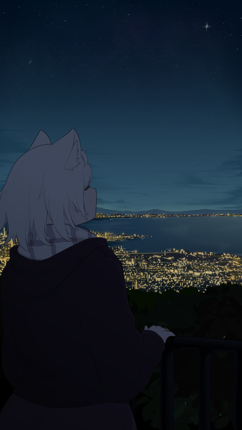 1girl absurdres against_railing alternate_costume animal_ear_fluff animal_ears azur_lane black_hoodie black_pants casual city city_lights cityscape closed_eyes commentary dog_ears dog_girl english_commentary from_behind highres hood hood_down hoodie japan jewelry kobe long_sleeves maya_(azur_lane) mountainous_horizon name_connection night night_sky ocean outdoors pants railing real_world_location ring saiskh scarf short_hair sky star_(sky) tree water wedding_ring white_scarf