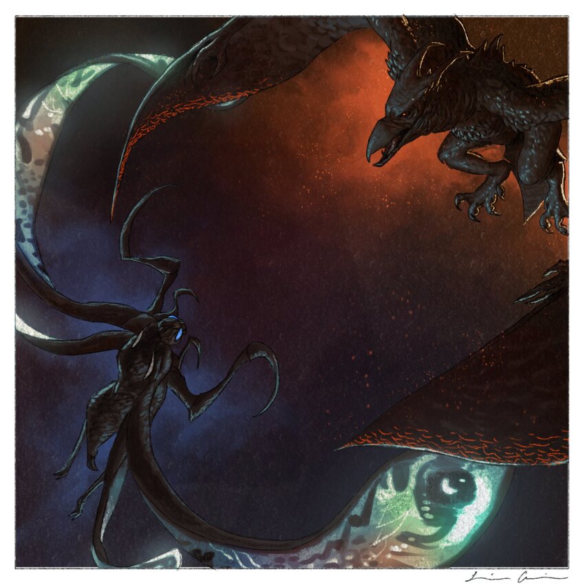 aerial_battle battle beak bioluminescence blue_eyes bug butterfly claws compound_eyes embers flying giant giant_monster glowing glowing_eyes glowing_veins glowing_wings godzilla:_king_of_the_monsters godzilla_(series) highres horns insect kaiju lava legendary_pictures luis_garcia mandibles monster monsterverse moth mothra night no_pupils orange_eyes overcast pincers pteranodon pterosaur rain rodan sky storm tail talons toho wings