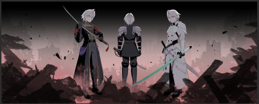 3boys aqua_eyes armor black_boots black_gloves black_jacket black_pants boots coat debris epaulettes facing_away fighting_stance final_fantasy final_fantasy_vii final_fantasy_vii_ever_crisis full_body gloves gold_trim grey_hair grey_pants hair_between_eyes highres holding holding_sword holding_weapon jacket looking_at_viewer male_focus military_jacket military_uniform multiple_boys official_alternate_costume pants parted_bangs pauldrons sephiroth sephiroth_(ever_crisis) sephiroth_(lethal_style) sephiroth_(shinra_formal_uniform) short_hair shoulder_armor sword weapon white_coat zi_(murasaki0615)