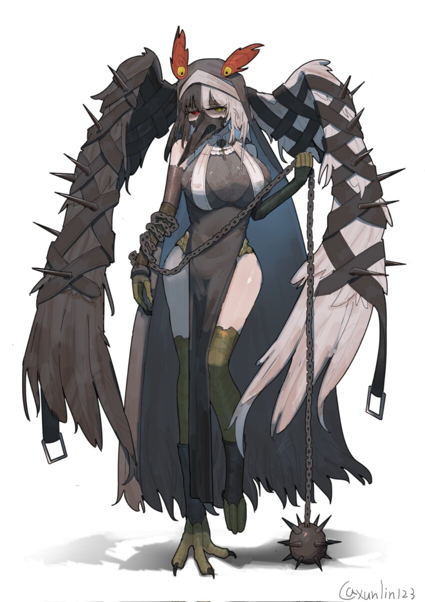 1girl alternate_costume animal_feet bird_legs black_hair black_souls black_souls_2 breasts chain cleavage feathered_wings half-harpy heterochromia highres hip_vent jubjub_(black_souls) large_breasts mace monster_girl multicolored_hair multicolored_wings nun plague_doctor_mask red_eyes split-color_hair talons weapon white_hair wings xun_lin_(pixiv_93392103) yellow_eyes