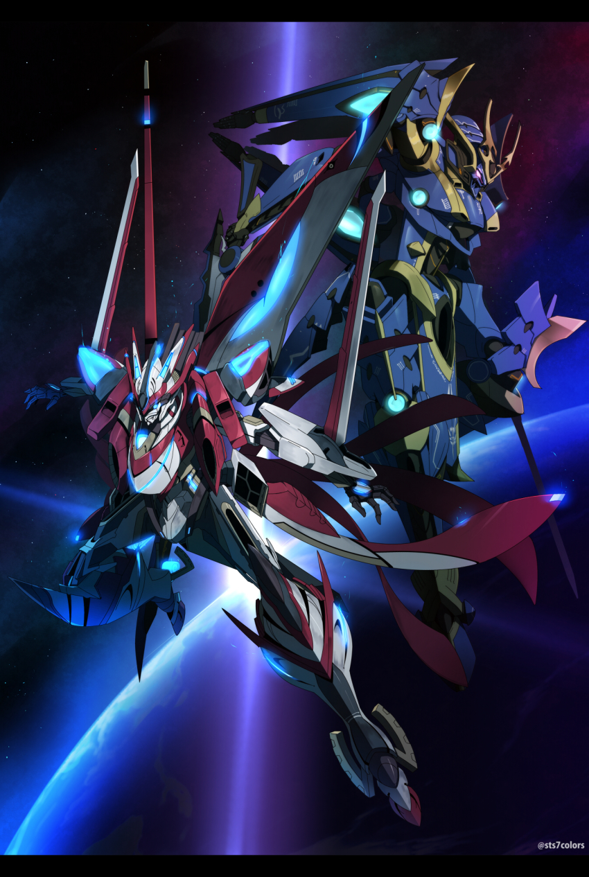 blue_eyes crossover dual_wielding flying glowing glowing_eye highres holding holding_sword holding_weapon ikaruga_(knight&#039;s_&amp;_magic) knight&#039;s_&amp;_magic letterboxed majestic_prince mecha no_humans open_hands pink_eyes red_five robot science_fiction space sts super_robot_wars super_robot_wars_30 sword twitter_username weapon