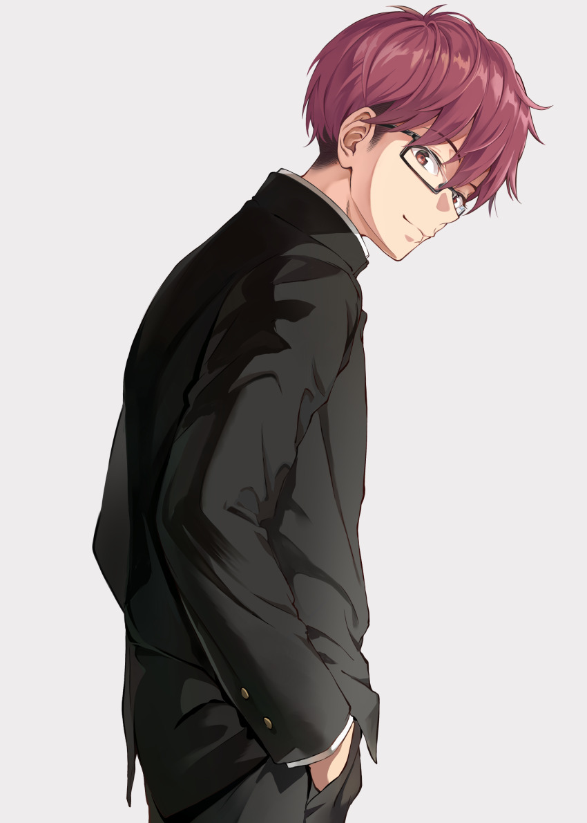 1boy absurdres black-framed_eyewear black_jacket black_pants brown_eyes closed_mouth glasses grey_background hands_in_pockets highres jacket looking_at_viewer mizunoe_ume pants red_hair sayuuiede seitokai_ni_mo_ana_wa_aru! semi-rimless_eyewear short_hair simple_background solo under-rim_eyewear