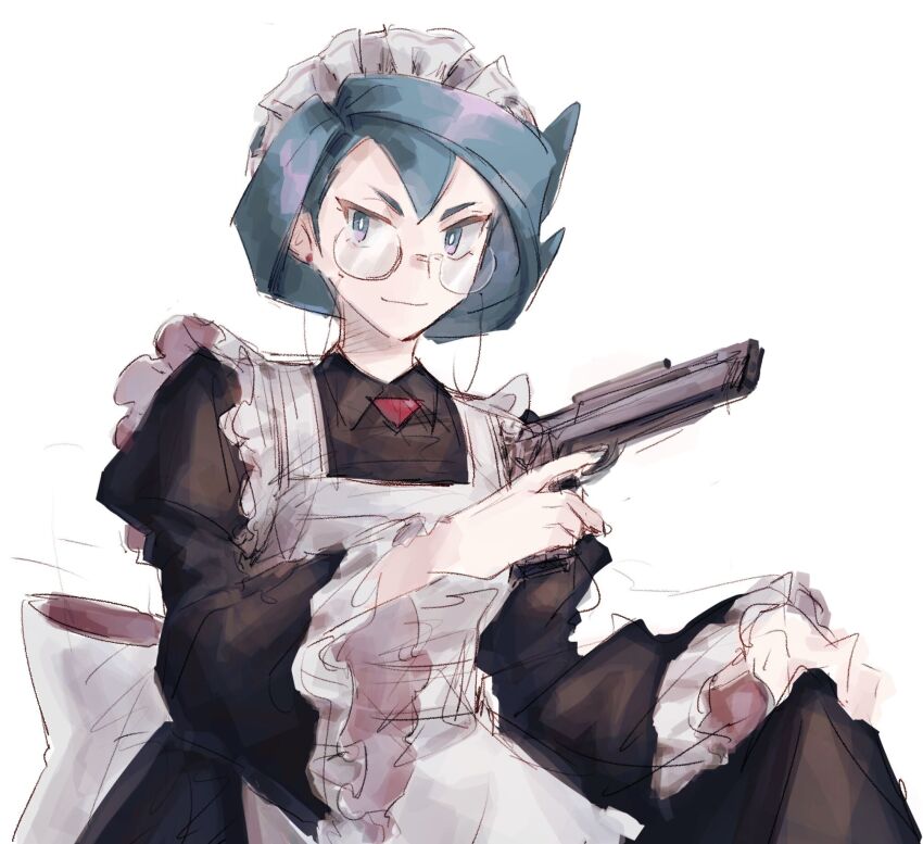 1girl alternate_costume blue_eyes blue_hair earrings enmaided glasses gun highres holding holding_gun holding_weapon jewelry long_sleeves looking_at_viewer maid maid_headdress maxwell_yaochu medium_hair nintendo onia_(pokemon) pokemon pokemon_(anime) pokemon_horizons sketch skirt_hold solo stud_earrings weapon white_background