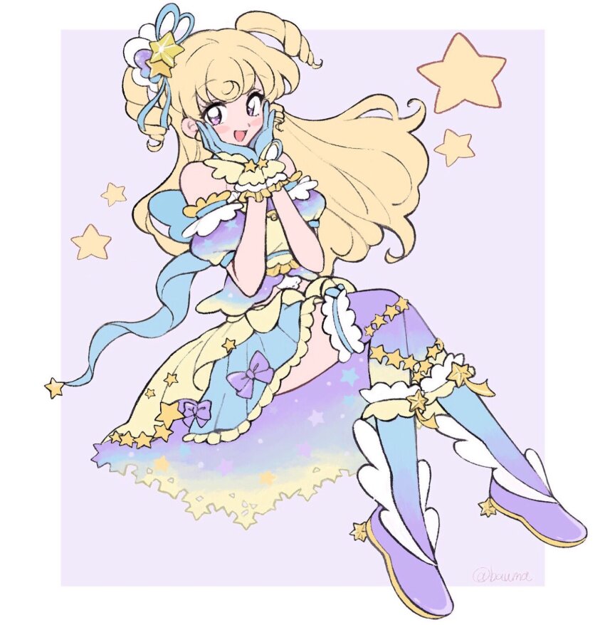 1girl :d bare_shoulders blonde_hair blue_boots blue_gloves blue_ribbon blue_shirt blue_skirt blue_thighhighs blush_stickers boots border commentary curly_sidelocks drill_hair frilled_skirt frills full_body gloves gradient_boots gradient_clothes gradient_shirt gradient_skirt gradient_thighhighs hair_ornament hair_ribbon hands_on_own_cheeks hands_on_own_face hands_up highres idol idol_clothes idol_time_pripara invisible_chair long_hair midriff_peek multicolored_boots multicolored_shirt multicolored_skirt multicolored_thighhighs open_mouth outside_border pretty_series pripara puffy_short_sleeves puffy_sleeves purple_background purple_boots purple_eyes purple_shirt purple_skirt purple_thighhighs ribbon shirt short_sleeves simple_background sitting skirt smile solo star_(symbol) star_hair_ornament star_in_eye symbol_in_eye thighhighs twitter_username two-tone_boots two_side_up uma_(bauma05) wavy_hair white_border yellow_shirt yellow_skirt yellow_thighhighs yumekawa_yui zettai_ryouiki