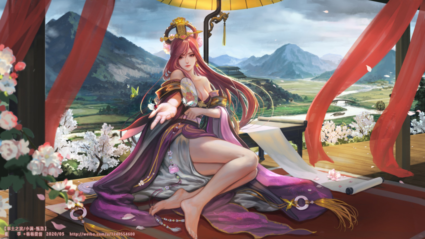 1girl arm_under_breasts artist_name bare_legs bare_shoulders barefoot breasts bug butterfly chinese_clothes chinese_commentary cleavage collarbone commentary_request day eyelashes feet flower full_body gold_trim grey_sky headpiece highres holding insect legs lips long_hair looking_at_viewer medium_breasts mountain off_shoulder official_art outstretched_arm parted_bangs pink_hair romance_of_the_three_kingdoms scenery shadow sitting sky soles solo swept_bangs tassel toenails toes watermark weibo_watermark white_flower wide_sleeves xiaji yang_yang_(tigu) yokozuwari
