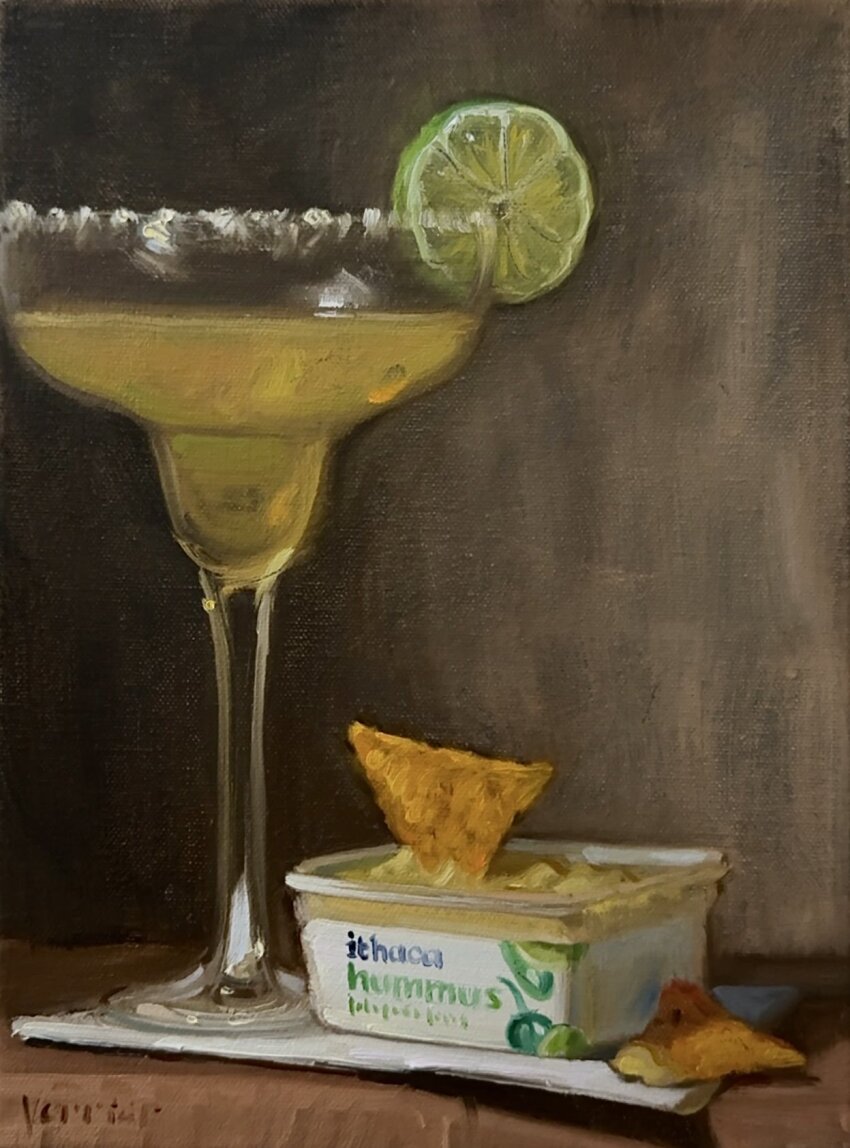 alcohol artist_name chips_(food) cocktail cocktail_glass cup doritos drinking_glass food food_focus fruit highres hummus lime_(fruit) lime_slice margarita no_humans noah_verrier oil_painting_(medium) original painting_(medium) traditional_media