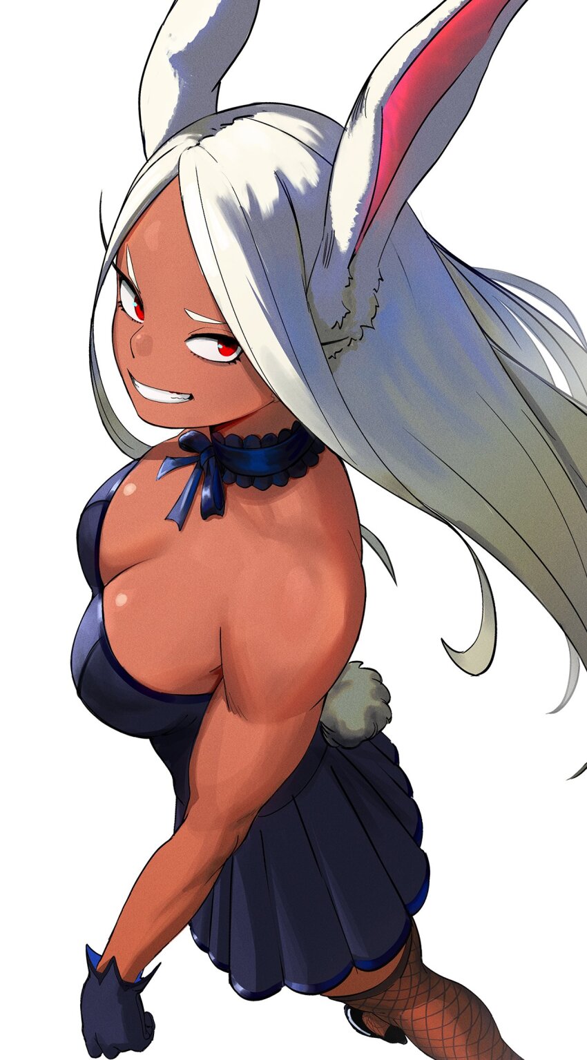 1girl alternate_costume animal_ears bare_shoulders black_shoes boku_no_hero_academia breasts choker cleavage clothing_cutout commentary dark-skinned_female dark_skin dress fishnet_thighhighs fishnets floating_hair frilled_choker frills from_above from_side gloves grin high_heels highres hitomazuk large_breasts long_eyelashes long_hair looking_at_viewer mirko parted_bangs pumps purple_choker purple_dress purple_gloves rabbit_ears rabbit_girl rabbit_tail red_eyes ribbon_choker shoes simple_background smile solo strapless strapless_dress symbol-only_commentary tail tail_through_clothes thighhighs toned toned_female very_long_hair white_background white_hair