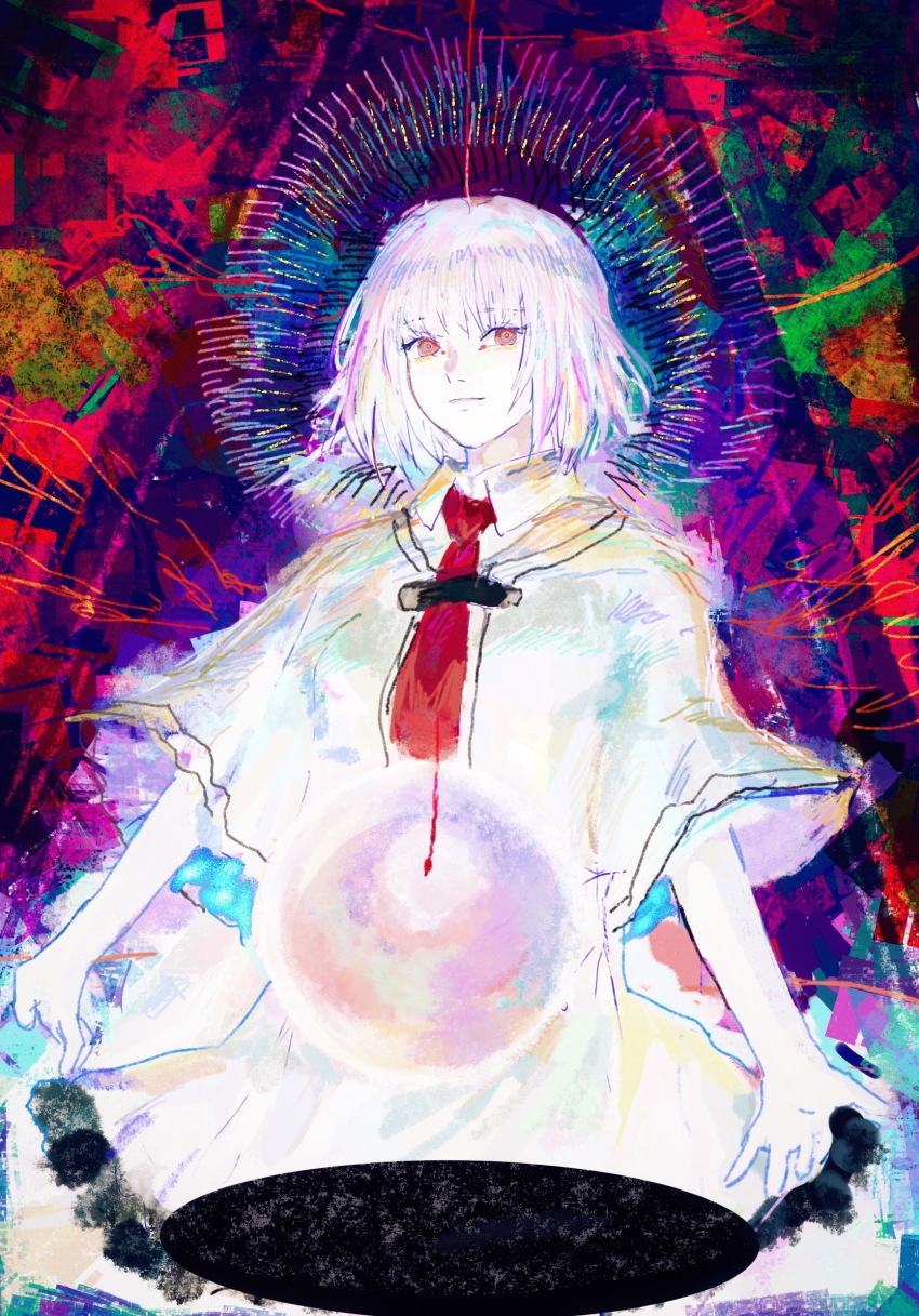 1girl abstract_background alternate_eye_color alternate_hair_color ashashio capelet chinese_commentary closed_mouth collared_dress commentary_request cowboy_shot dress floating floating_object halo highres light_smile looking_at_viewer multicolored_background multicolored_hair necktie orb otonashi_ayana outstretched_arms oval pink_hair red_necktie solo spread_arms standing subarashiki_hibi white_capelet white_dress