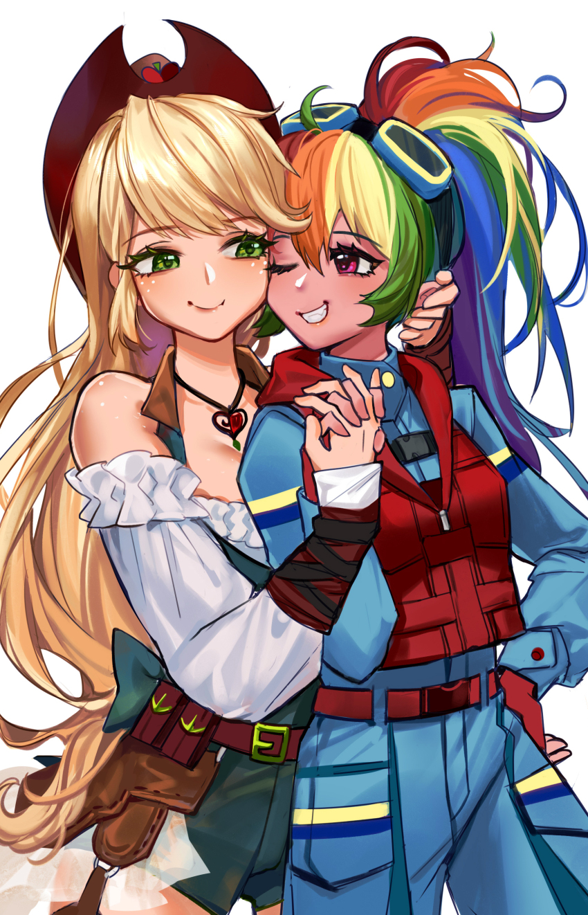 2girls ;d absurdres aegyo_sal ahoge alternate_costume alternate_skin_color applejack applejack_(equestria_girls) back_bow belt blonde_hair blue_hair blue_jacket blue_pants bow breasts brown_belt brown_hat buttons cheek-to-cheek closed_mouth cowboy_hat cowboy_shot double-parted_bangs eye_contact fingerless_gloves freckles frilled_shirt frills garter_straps gloves goggles goggles_on_head green_bow green_eyes green_hair green_overalls grin hair_between_eyes hand_on_another&#039;s_ear hand_on_own_hip hat heads_together heart heart_necklace high_ponytail highres holding_hands hood hood_down hoodie interlocked_fingers jacket jewelry kewoshixiaodaia long_hair long_sleeves looking_at_another multicolored_hair multiple_girls my_little_pony my_little_pony:_equestria_girls my_little_pony:_friendship_is_magic necklace off-shoulder_shirt off_shoulder one_eye_closed open_mouth orange_hair overall_shorts overalls pants pink_eyes ponytail purple_hair rainbow_dash rainbow_dash_(equestria_girls) rainbow_hair red_gloves red_hair red_hoodie sharp_teeth shirt sideways_glance simple_background sleeveless sleeveless_hoodie sleeves_past_wrists small_breasts smile standing streaked_hair swept_bangs teeth turtleneck turtleneck_jacket very_long_hair white_background white_shirt yuri